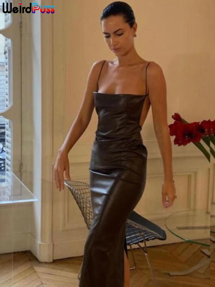 

Weird Puss Backless Solid Women Slip Dress Bright Silk Spaghetti Strap Sleeveless Bodycon Hot Girls Evening Party Sexy Vestidos