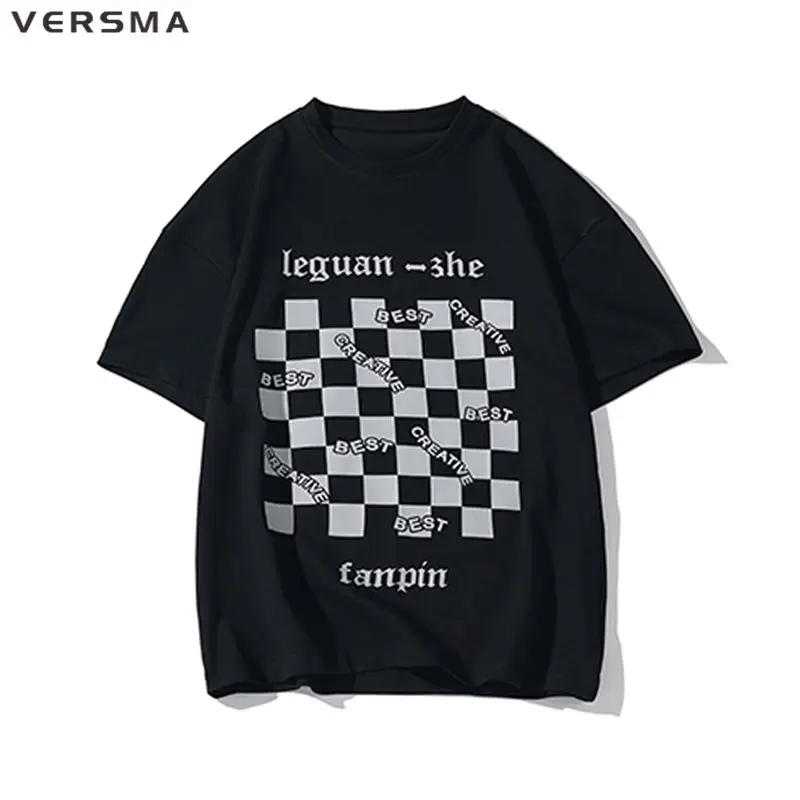 

VERSMA Summer Retro Reflective Checkerboard Print Cotton T-shirts Men Oversized Streetwear Unisex Tshirts Women 5XL Dropshipping