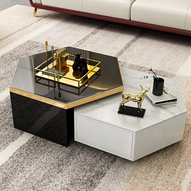 

Post-modern Luxury Rock Plate Coffee Table Hexagon Toughened Glass Stainless Steel Small Apartment Tea Table