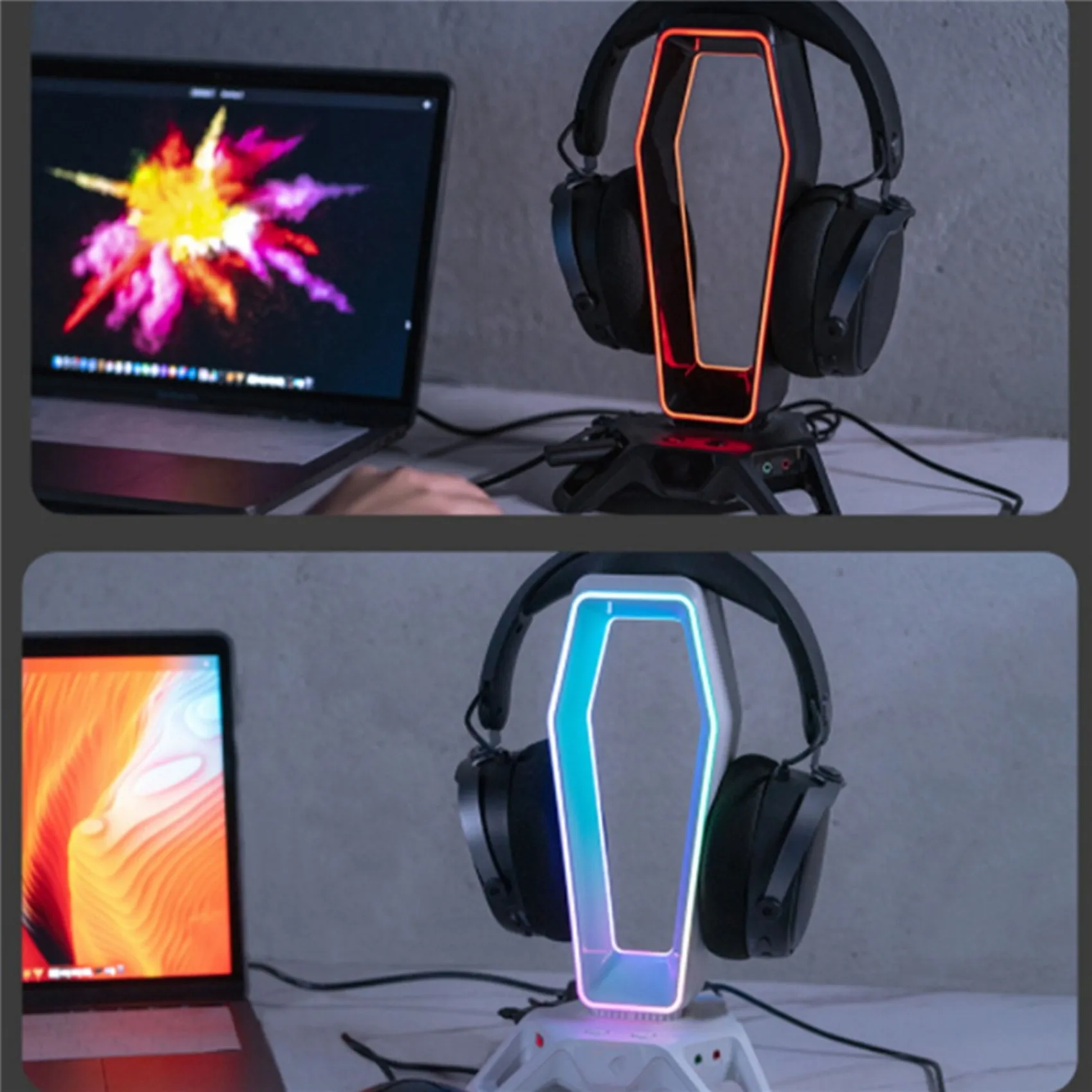 

Стойка для гарнитуры RGB, многофункциональный держатель для наушников, демонстрационная полка с 3 портами виртуального объемного звучания 7,1 (черный)