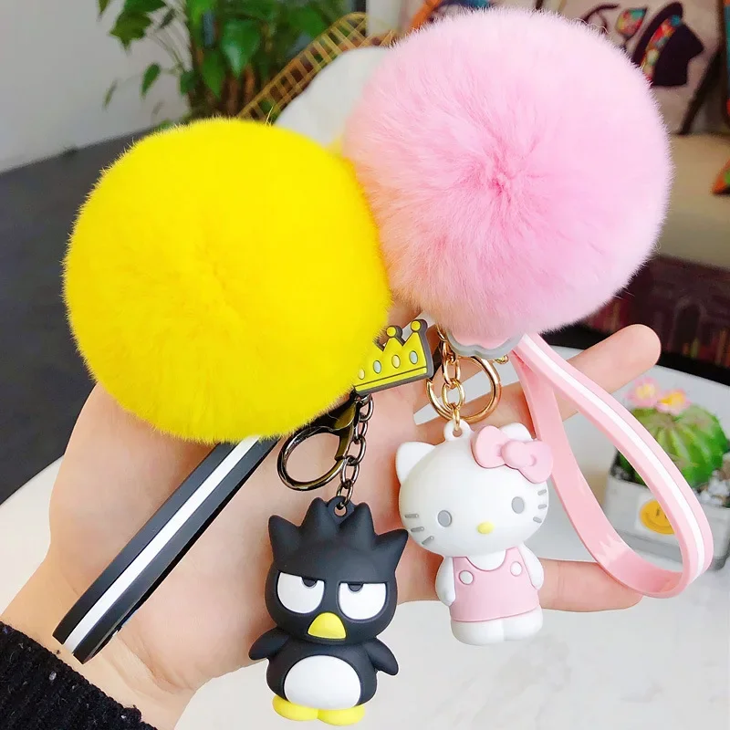 

Hello Kitty Sanrio Kuromi Penguin Frog Dog Cat Cute Keychains with Fluffy Rabbit Fur Ball Women Girl Bag Pendant Keyring Gifts