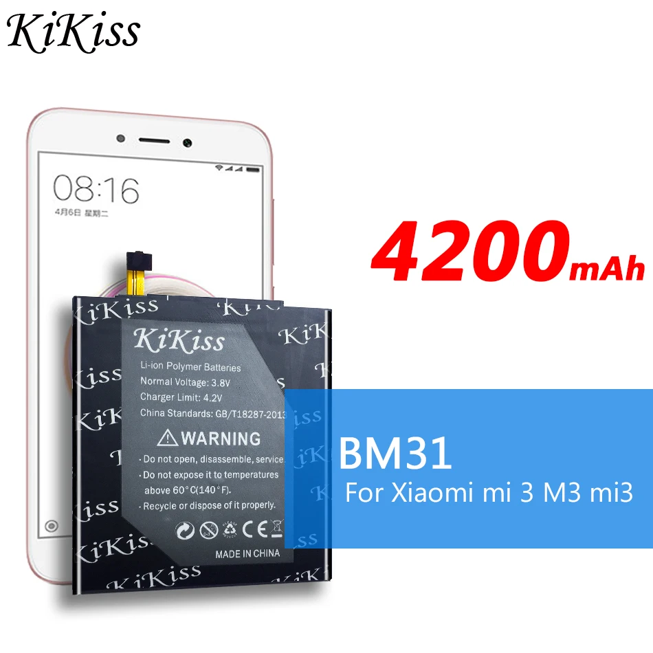 

New 100% Original Kikiss 4200mAh BM31 BM 31 BM-31 Phone Battery For Xiaomi Mi 3 M3 Mi3 M 3 Mobile Batteries Replacement Bateria