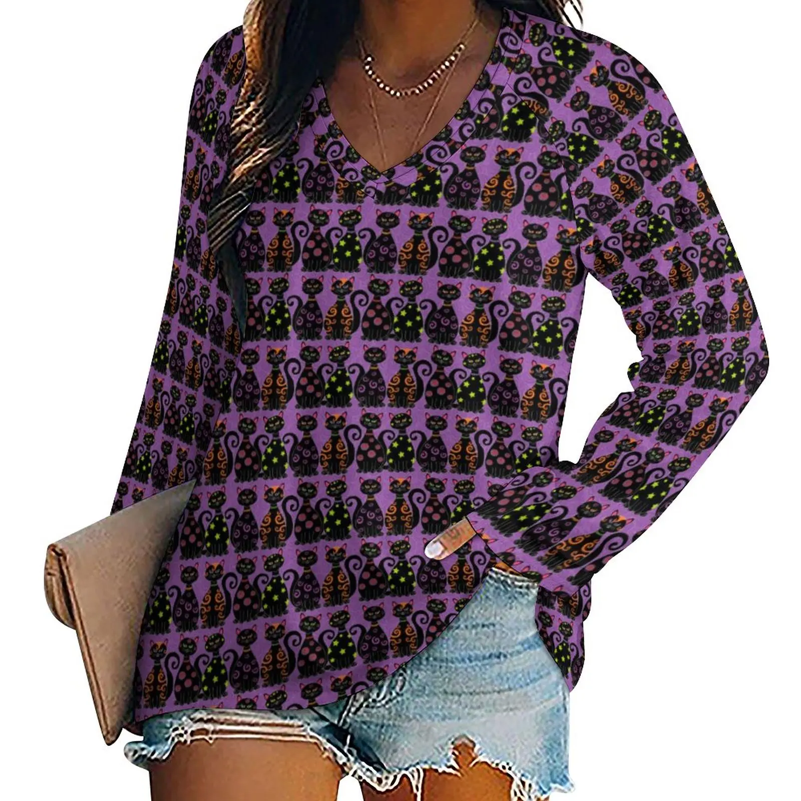 

Halloween Black Cat T-Shirt Cute Kitty Y2K Long Sleeve T-Shirts Female V Neck Casual Tee Shirt Oversized Printed Clothing