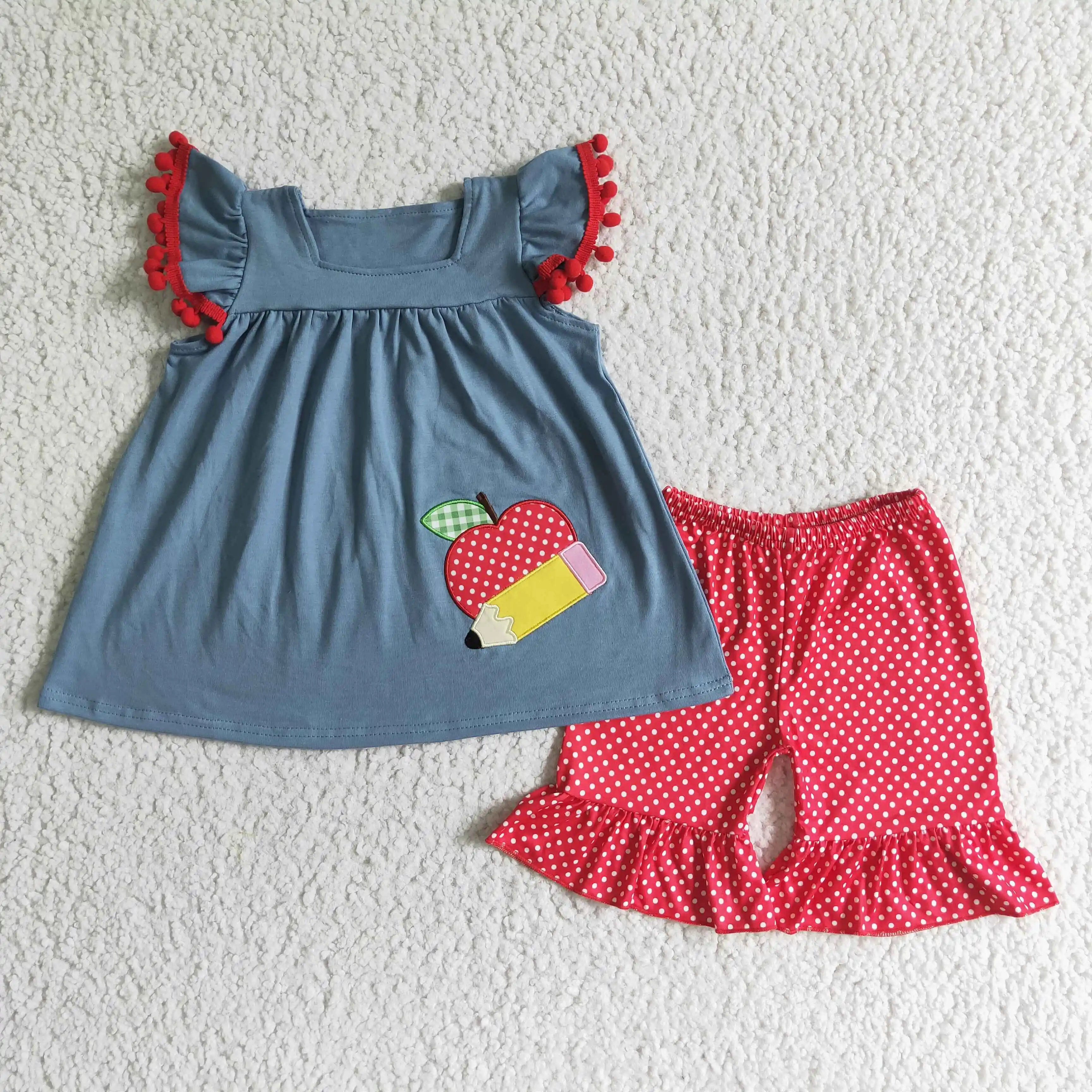 

Embroidered Apple Pencil Kids Back To School Clothes Girls Dot Ruffle Red Shorts Short Sleeves 2 Piece Set