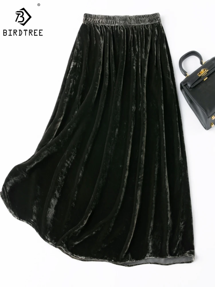 

Birdtree 100% Silk Velvet Skirt Elasticated Waist Vintage Elegant Solid Color Temperament A-line Skirts Woman Fall New B30657QD