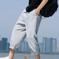 mens clothing short pants korean style trousers solid color elastic waist drawstring loose pockets capri pants for daily wear