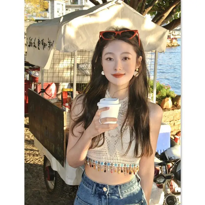 

Women's Summer Slim Ice Silk Knit Small Camisole Women's Inner Tube Top Bottom Halter Neck Beautiful Back Sleeveless Short Top