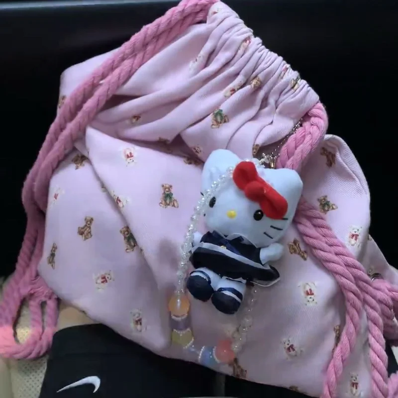 

Kawaii Sanrio Hello Kitty Backpack Cosmetic Storage Bag Cute Sweet Drawstring Canvas Female Student Class Boys Girls School Bags
