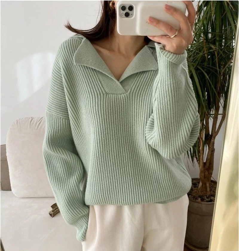

2022 Oversized Loose Elegant Knitted Sweater Women Solid Turn-down Collar Pullovers Female Casual Thick Autumn Winter Tops