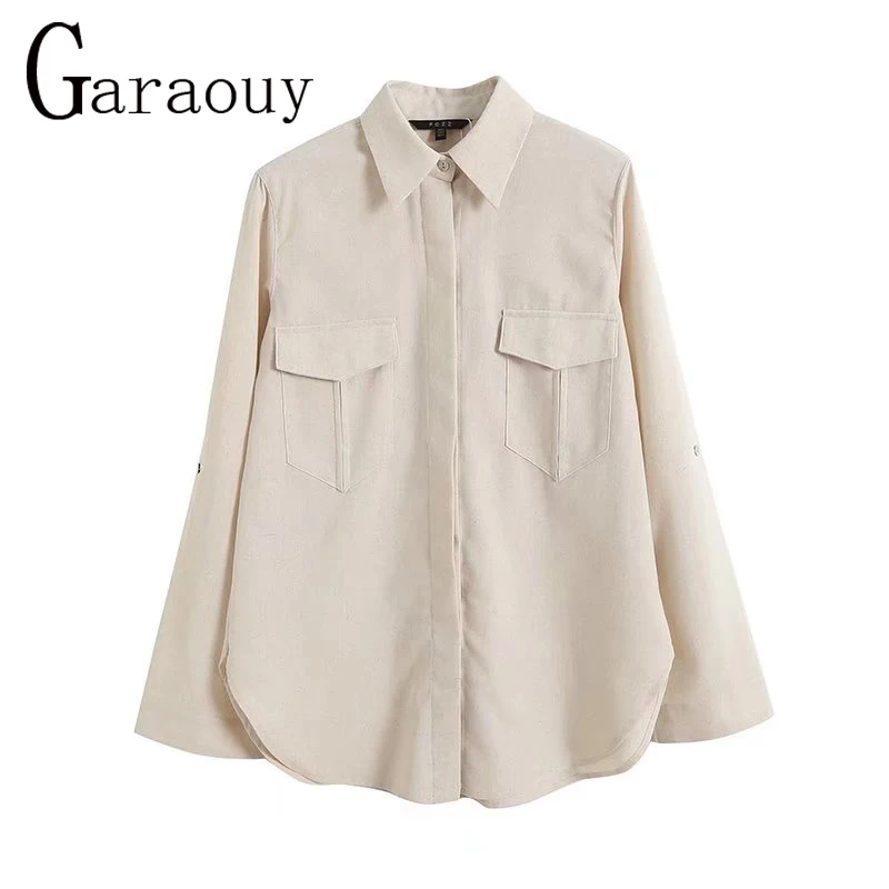 

Garaouy 2022 Autumn New Women Fashion Shirt Long Sleeve Lapel Solid Pocket Blouses Female Casual Simple Commute Top Blusas Mujer