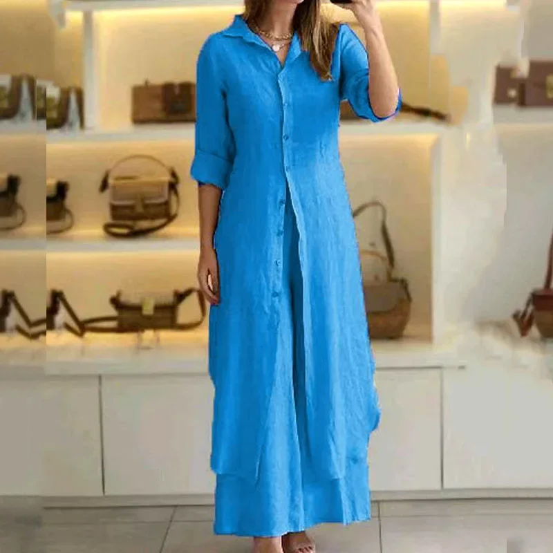 Женский брючный костюм из 2 предметов повседневный элегантный хлопка и льна на