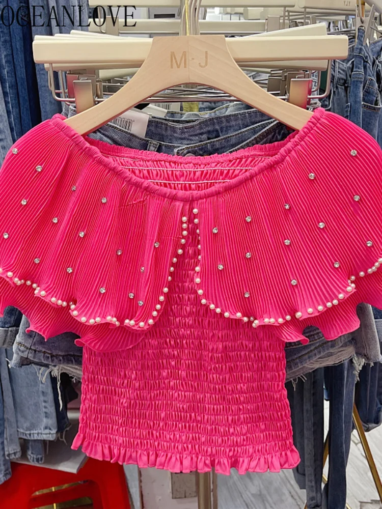 

Ropa Mujer Solid Slash Neck Beading Rules Korean Summer Blouses Women Short Slim Sweet Blusas ashion Tops