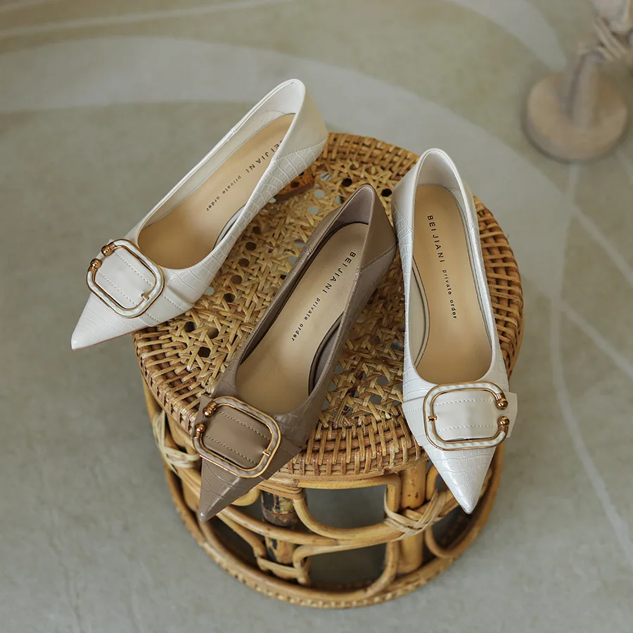 

568-2 Stone Pattern French Design Soft Leather High Heel Shoes Women's Pointed Thick Heel Shoes Patent 5CM Shoes