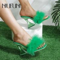 sexy square toe rabbit hair crystal heel womens slippers summer fashion green solid color slip on slides shoes for woman pumps