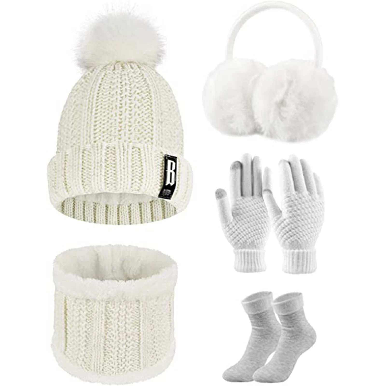 

Women Winter Knitted Hat And Scarf Set Winter Gloves Socks And Earmuffs Warming Outdoor Set