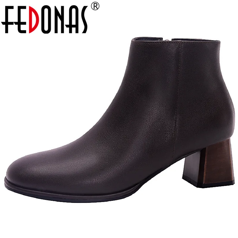 

FEDONAS Women Ankle Boots Basic Autumn Winter Office Ladies Dress Thick Heels Concise Genuine Leather Shoes Woman Elegant Mature