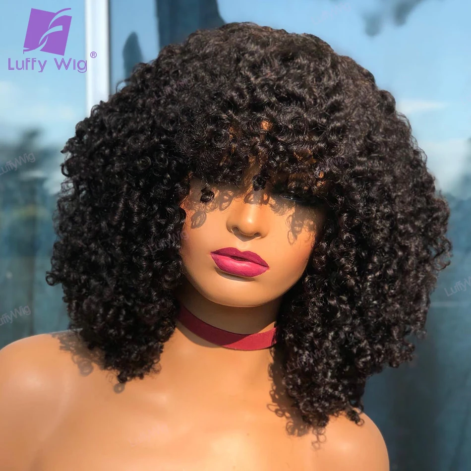 Bouncy Tight Curly Wig With Bangs No Lace Front Wig Full Machine Made Human Hair Wig For Women Remy Brazilian O Fake Scalp Top