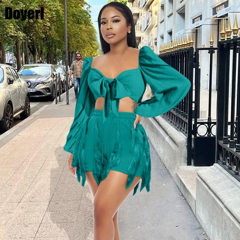 

Sexy Elegant 2 Piece Sets Womens Outfits Fall 2022 Luxury Tie Crop Top Tassel Fringe Shorts Suit Two Piece Club Party Outfits
