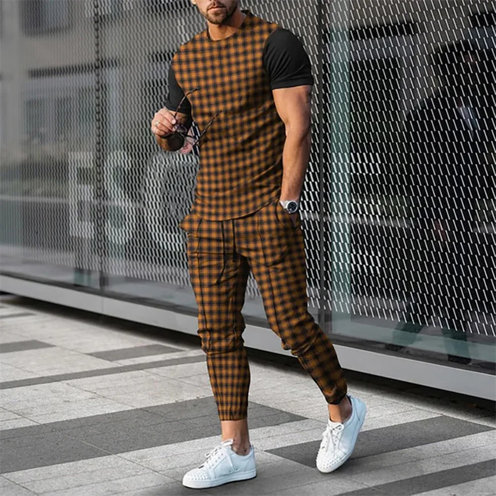 

2023 Men's Summer Tracksuit 2 Pieces Lattice Printing T-Shirt+Trousers Set Casual Jogging Suit Fashion Male Oversized Streetwear