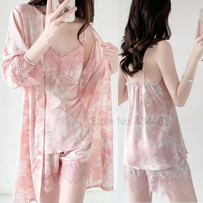 

Women V-Neck Sleepwear Satin Pajamas Suit With Shorts Lingerie Lace Patchwork Pyjamas Pour Femme Nightwear Summer Home Clothes