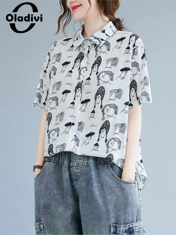

Oladivi Big Size Women Fashion Print Short Sleeve Blouses 2022 Summer New Casual Loose Top Shirts Female Oversized Clothing 1677