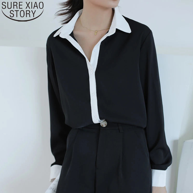 

Женская шифоновая блузка с отложным воротником, черно-белая офисная блузка с длинным рукавом, одежда для осени 2023, 22729