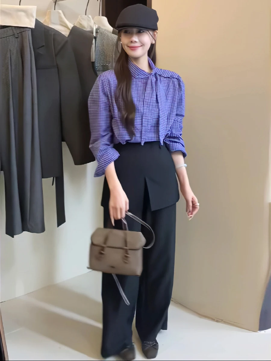 Корейские рубашки с длинными рукавами в стиле ретро заячьими ушками синие