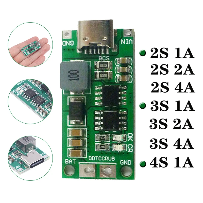 

Type-C to 8.4V 12.6V 16.8V 2S 3S 4S 1A 2A 4A 18650 Lithium Battery Charger Board Li-Po Polymer Power Bank Step-up Boost Module