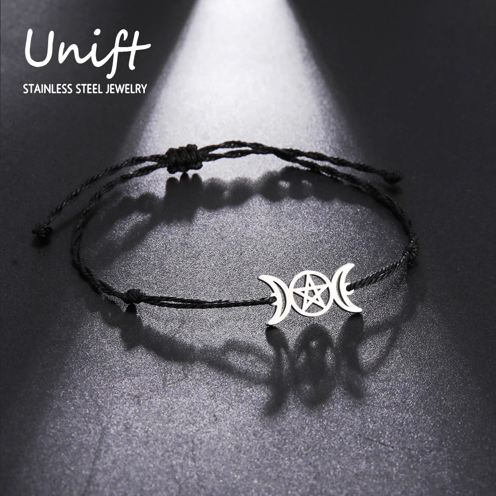 Unift Triple Moon Goddess Wax Cord Bracelets for Women Stainless Steel Charm Pentagram Amulet Vintage Supernatural Jewelry Wicca
