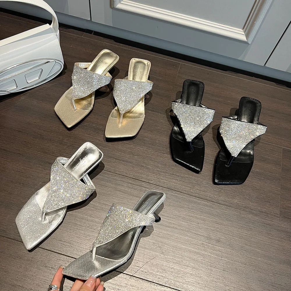 

Clip Toe Women Slippers Rhinestone Chain Thin High Heels Black Gold Silver Summer Outside Party Pumps Shoes Woman Size 35-39