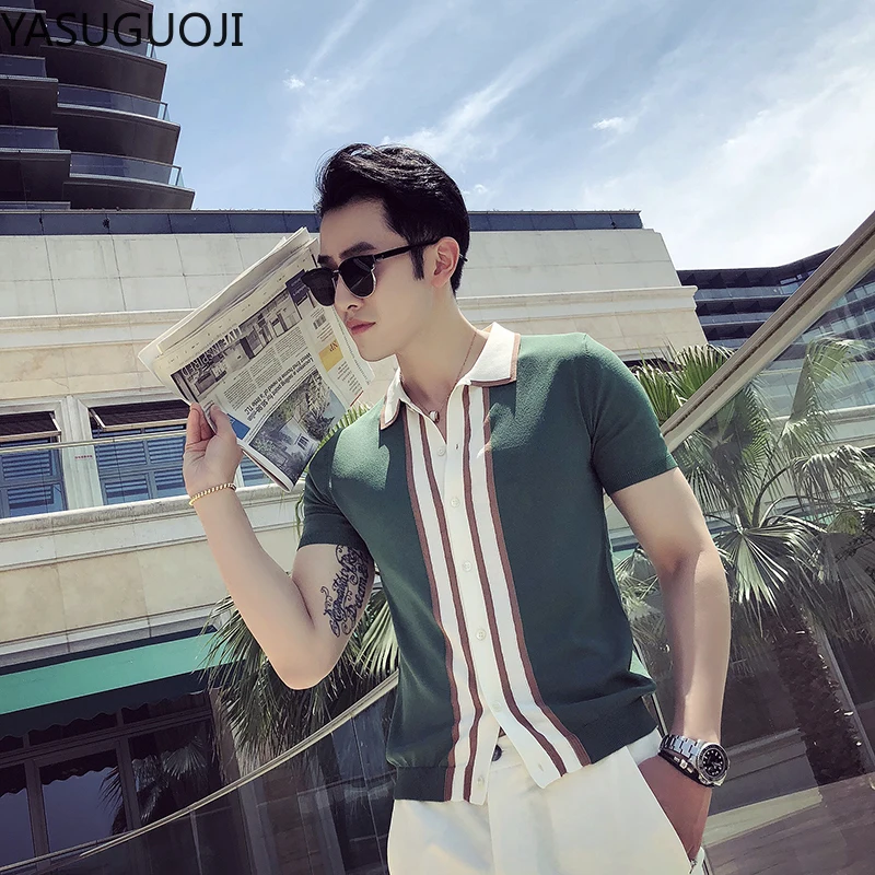 

YASUGUOJI New 2021 Fashion Contrast Color Knitted Big Multi Color Stripe Polo Shirts Men Slim Fit Tee Male Pull Homme Men Outfit