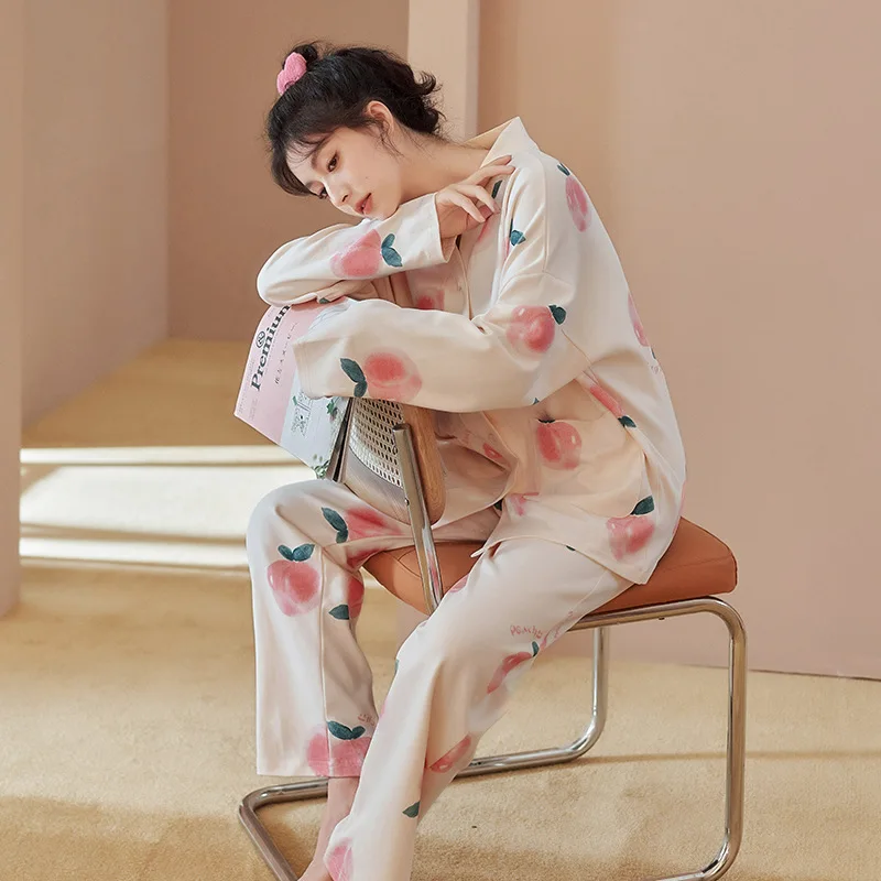 Yasuk Spring Autumn Fashion Women's Casual Lovely Print Cotton Pocket Sleepwear Homewear Cute Pajamas Set With Pants Peach Sweet