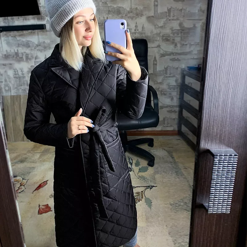 

jacket 's for women 2021 Long winter coat rhombus pattern Casual sashes women parkas Deep pockets tailored collar coat femal