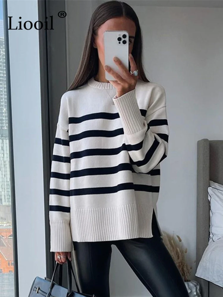 

Sexy Striped Baggy Sweater Women Pullovers Long Sleeve Knitted Tops Female Jumpers Autumn Winter Streetwear Loose Knit Sweaters