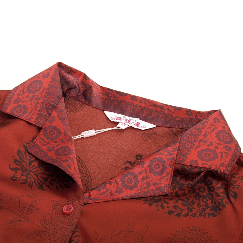 Red Printed Silk Pajamas for Women Long-Sleeve Button-down Satin Pajama Set Couple Pajama Set Silk Sleepwear Drop Shipping