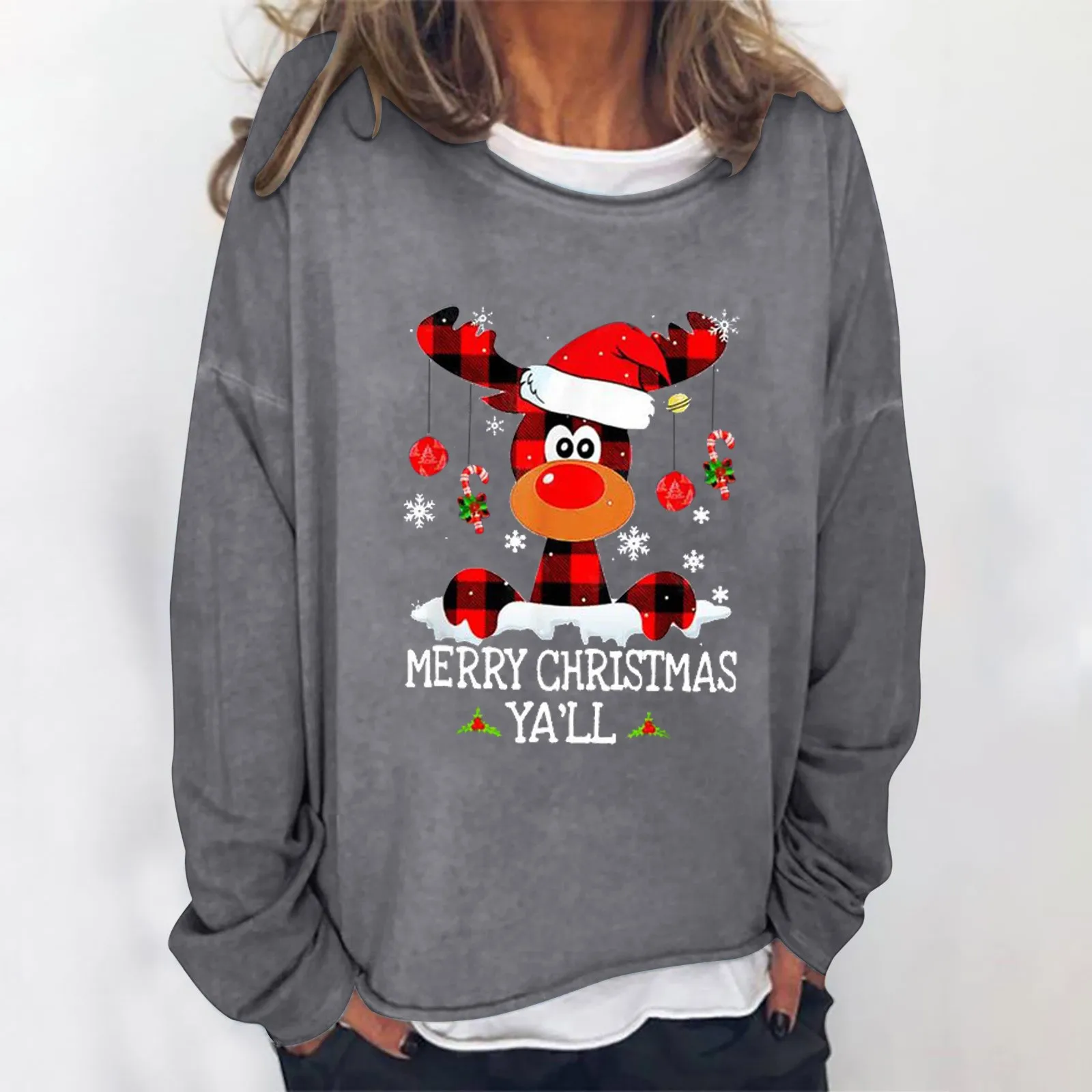 

Женская Повседневная рубашка с длинным рукавом и круглым вырезом, с рождественским принтом