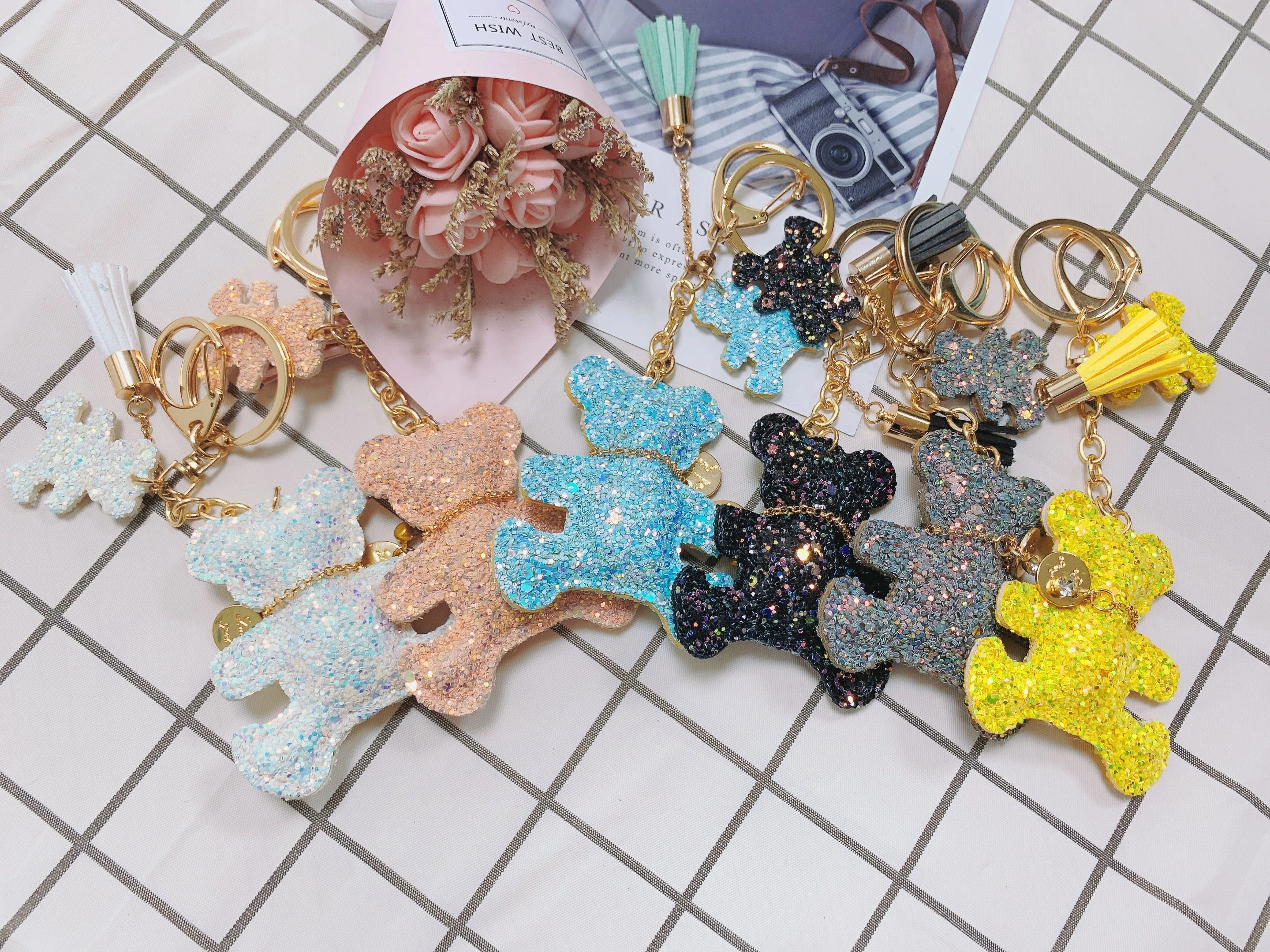 

Cute Sequin Bear PU Leather Tassel Pendant Keychain Car Key Ring Ornament Bag Pendant Valentine Christmas For Women Girl Gift