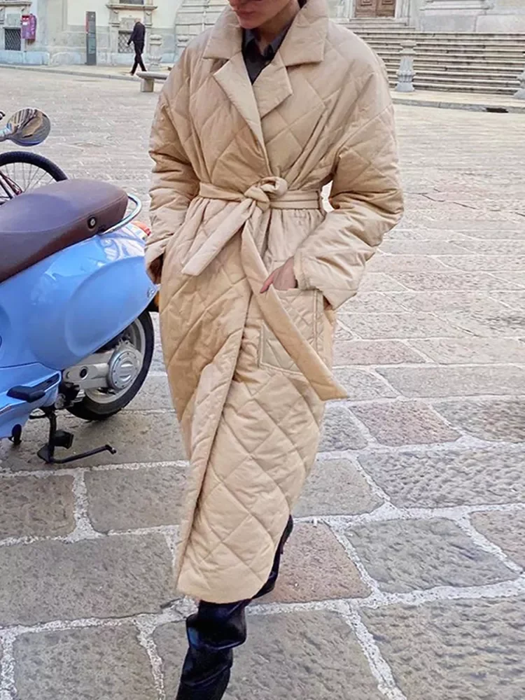 

Glamaker Casual rhombus printed women winter parka Long deep pockets straight coat Female tailored collar 2020 winter outerwear