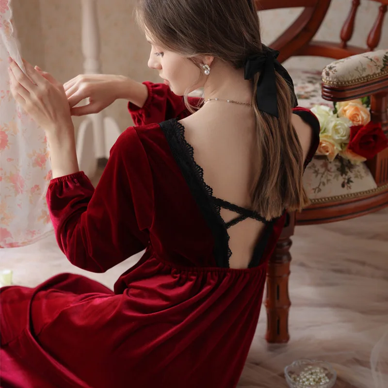 

Женское бархатное Длинное ночное платье, привлекательное велюровое платье с открытой спиной, винтажная ночная рубашка, одежда для сна, ночная рубашка принцессы на осень и зиму