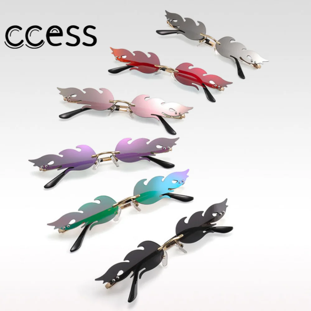 Очки солнцезащитные без оправы для мужчин и женщин, роскошные узкие винтажные солнечные очки в уличном стиле, с рисунком волны и пламени, 2020