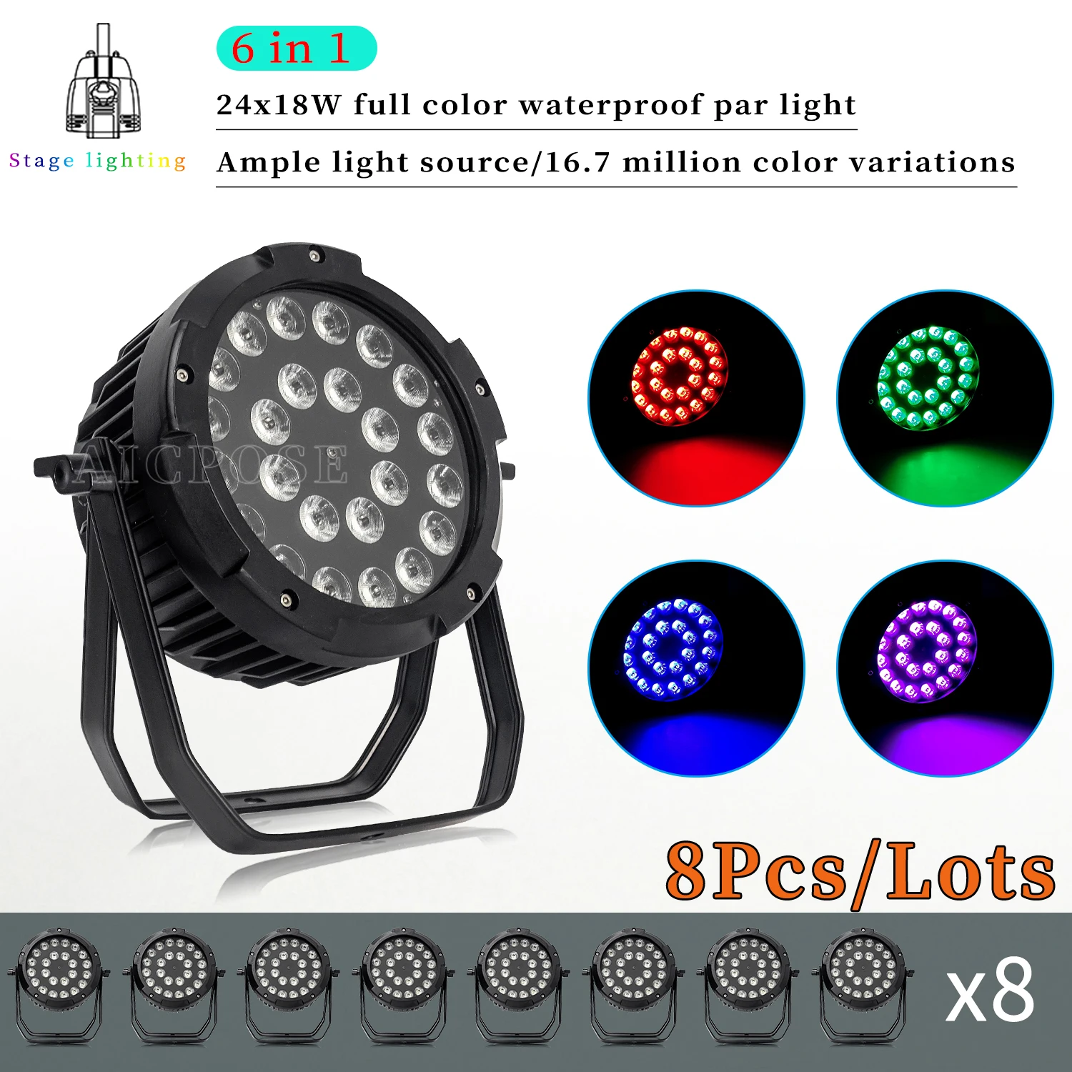 

8Pcs/Lots 24x12W/24x18W RGBWA UV 6 in 1 LED Par Light IP65 Outdoor Waterproof Stage Light Party DJ Disco Flat Spotlight