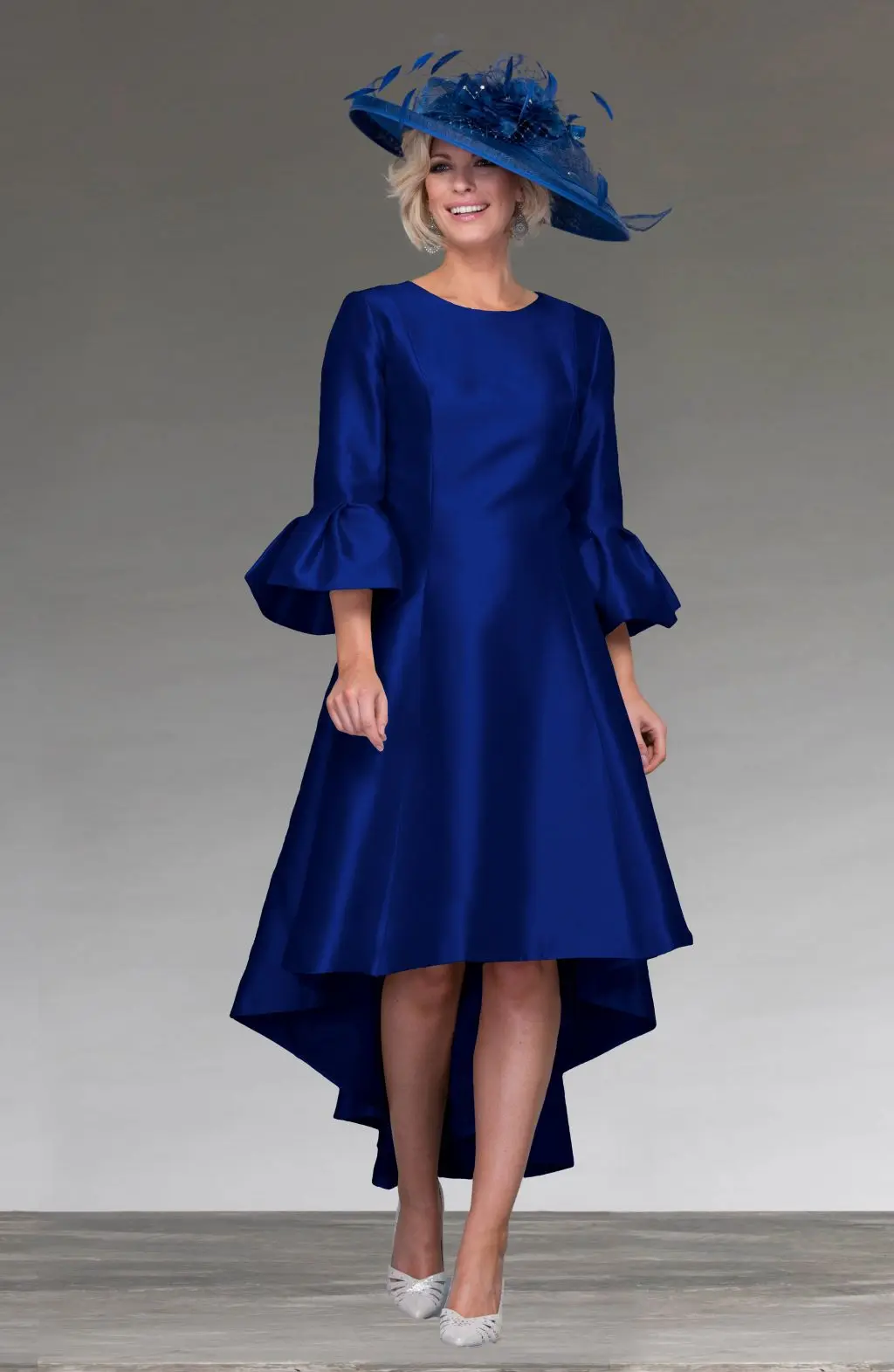 

Azulon short front long back satin outfit Dipped Hem fluted cuff three quarter length Bell Sleeves mother of the bride dresses