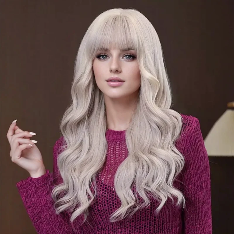 Парики из натуральных синтетических волос с челкой длинные волнистые блондинки