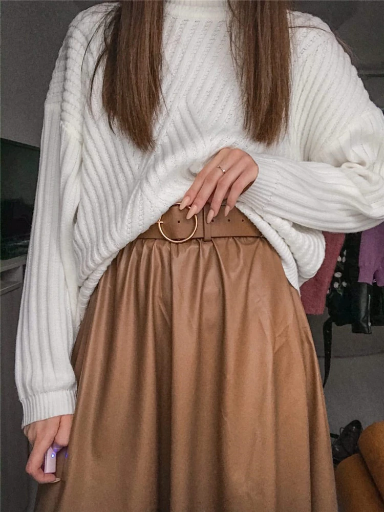 Осенне-зимняя элегантная юбка-трапеция из искусственной кожи с высокой талией -