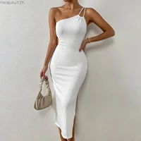 2022 new summer women sexy slit white dress sling strap irregular knitting slim dress