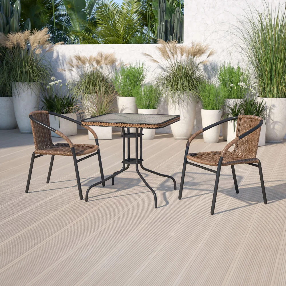 

Flash Furniture 28'' Square Glass Metal Table with Dark Brown Rattan Edging and 2 Dark Brown Rattan Stack Chairs