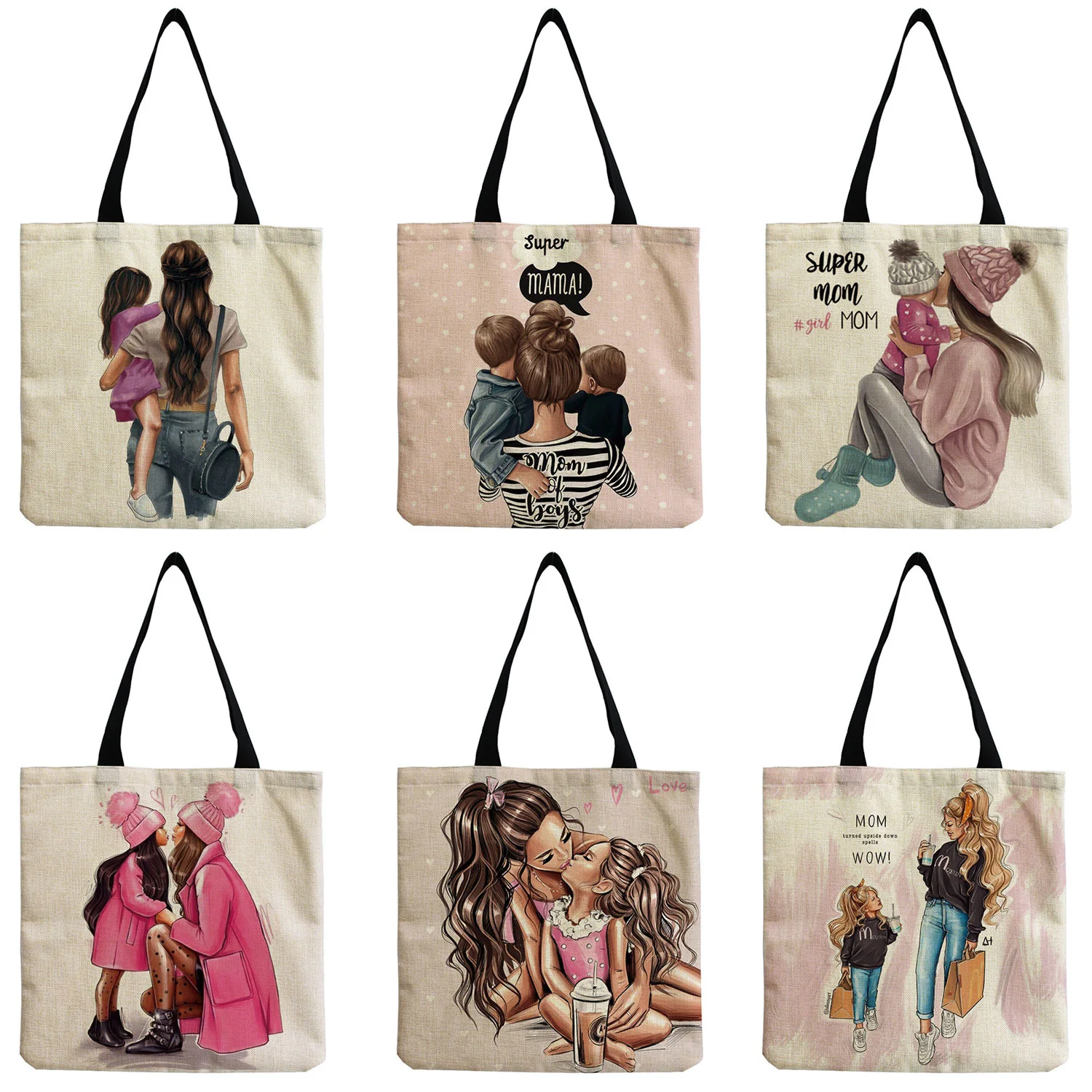 

Customizable Travel Beach Bag Handbag Mom And Baby Ladies Portable Tote High Capacity Cute Cartoon Super Mama Print Foldable
