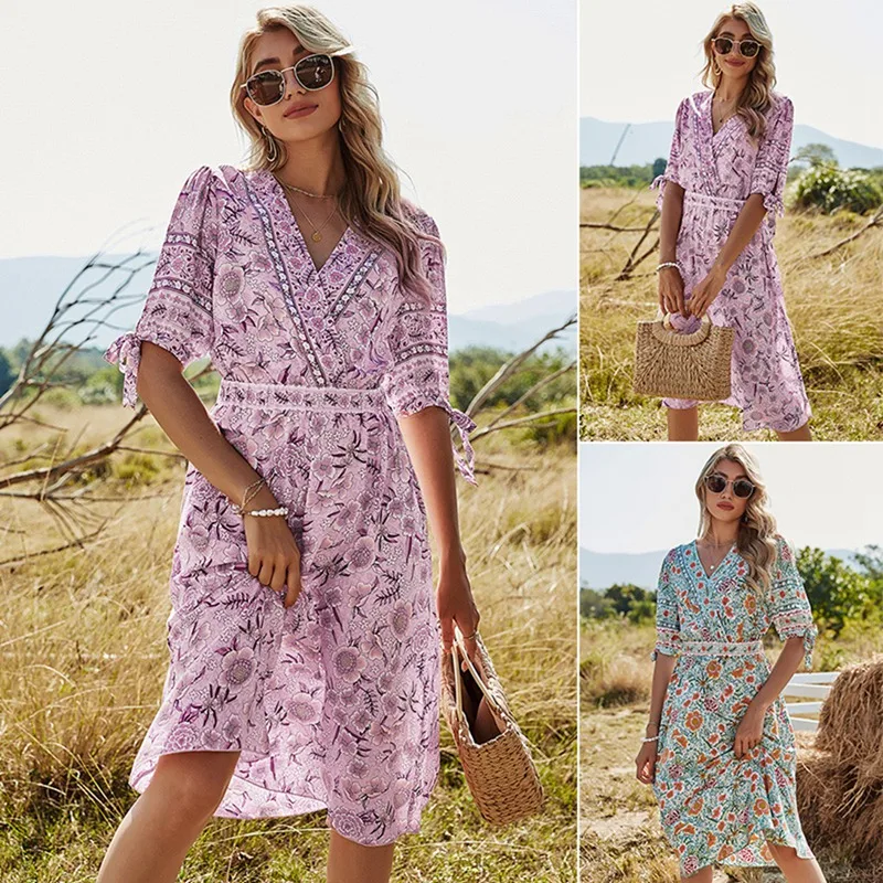 

Beach Style A-Line Floral Bow Bandage Dress Women Casual V-Neck Knee-Length Boho Elegant Half Sleeve Dress