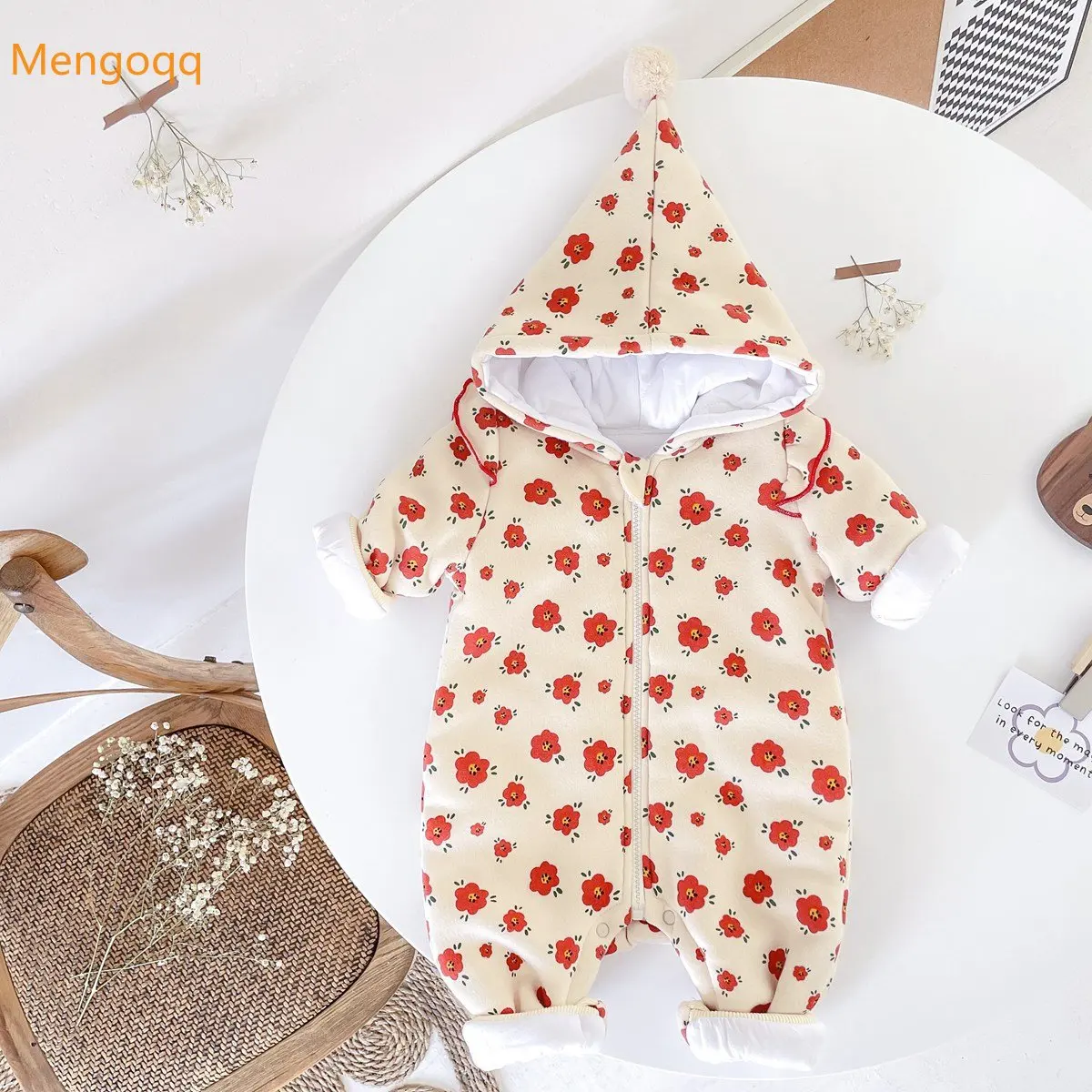 

Mengoqq Infant Girls Princess Autumn Winter New Hooded Full-sleeved Flower Zipper Thickened Warm Casual Romper Jumpsuit 0-24M