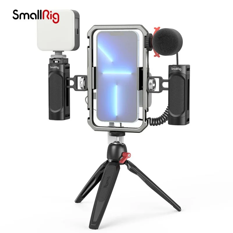 

SmallRig Universal Video Kit for iPhone SmartPhone Vlogging and Live Streaming Cage Set with Microphone Light Tripod Side Handle
